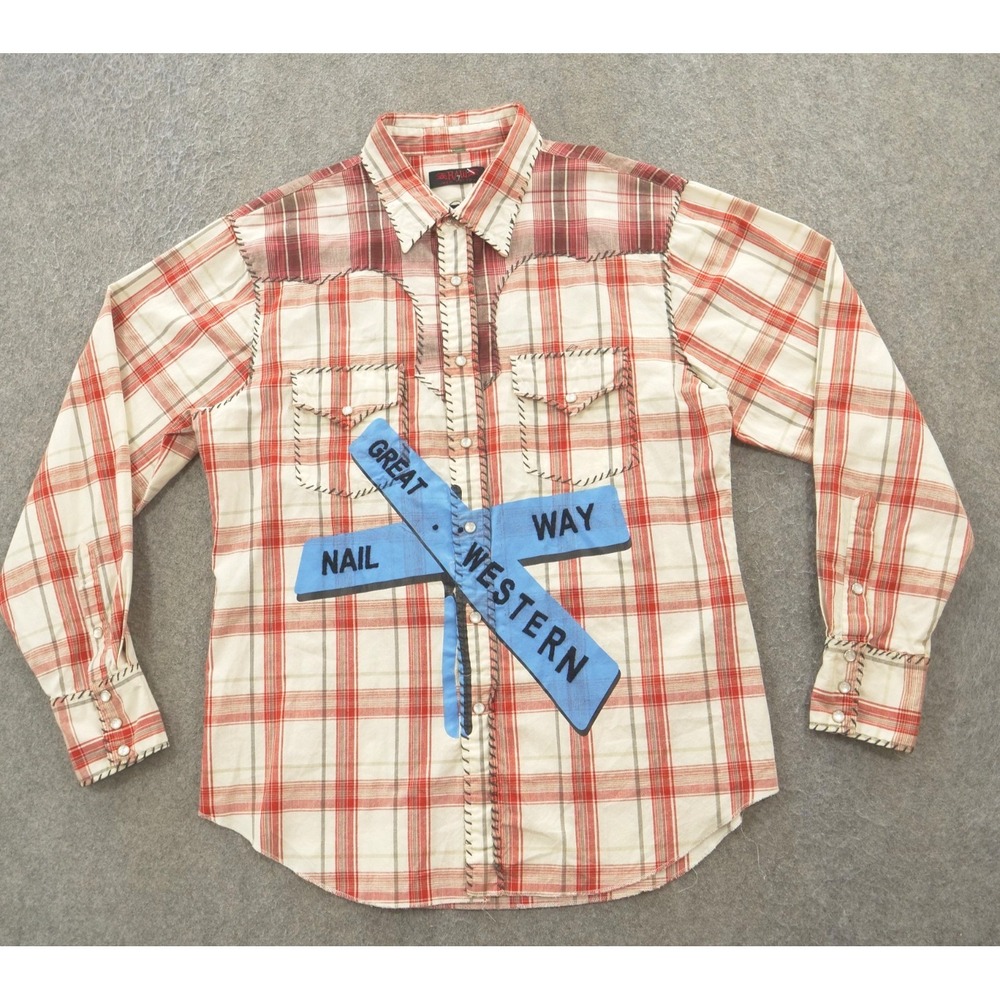 RAW 7 Shirt Mens Large Red White Button Up Plaid Hand Embroidery Western